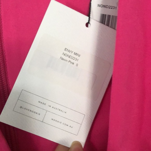 Nookie envy mini dress neon pink sleek long sleeve shoulder pads size S NWT - Picture 8 of 14